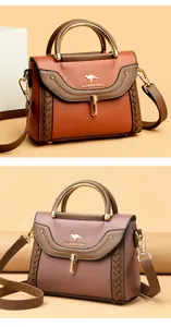 Detailed view of two elegant woven crossbody bags in brown and tawny leather finishes