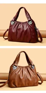 Bolsos de mujer de piel suave plisada de gran capacidad en burdeos y marrón.