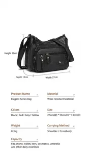 Gedetailleerde informatie voor een zwarte crossbodytas met meerdere vakken en afmetingen