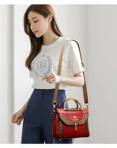 Elegant Asian model carrying a red and brown color-block woven crossbody bag