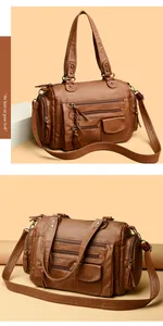 Bolso de mano de moto marrón multibolsillos con textura de piel y correa ajustable.