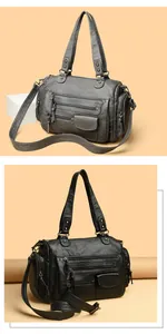 Vista detallada de bolsos estilo moto gris y negro con múltiples bolsillos y cremalleras.