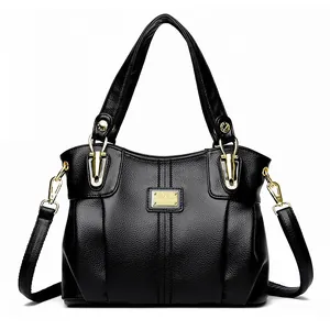 Bolso de mano 2025 en cuero negro de gran capacidad con herrajes dorados y bandolera