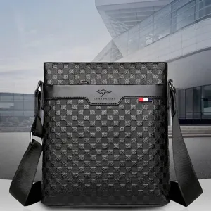 Sac à Bandoulière en Cuir Véritable pour Hommes Motif à Damiers Gaufré Sacoche Business Décontractée pour Bureau Quotidien