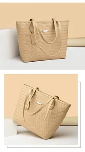 Detailed views of a beige woven texture PU leather tote bag with shoulder straps