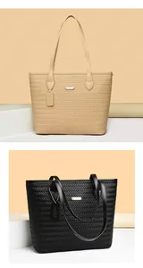 Elegant large capacity woven PU leather tote bags in beige and black for chic commuting