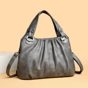 Bolso de mano grande vintage gris con pliegues de cuero sintético y correa ajustable