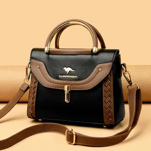 Elegant black and brown color-block crossbody bag for women with unique woven side details
