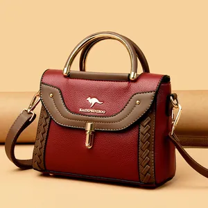Elegant red and brown woven contrast women's crossbody handbag with gold handle