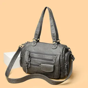 Bolso de mano vintage gris para mujer con múltiples bolsillos y correa ajustable