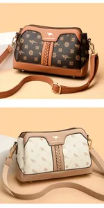 Two stylish printed crossbody handbags for women shown in brown and beige color tones