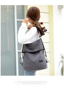 Model wearing versatile grey canvas 3-way bag, showing backpack style for casual travel