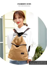 Stylish detail of a versatile brown canvas backpack worn by a model in a casual setting.