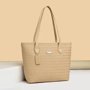 Elegant beige woven texture PU leather large capacity tote bag for women commuting
