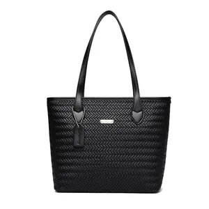 Professional black woven texture PU leather large capacity tote bag for daily commuting