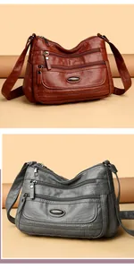 Close-up of stylish multi-pocket washed leather crossbody bags in brown and grey tones