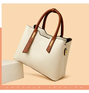 Elegante borsa a mano in pelle PU bicolore crema e marrone con dettagli dorati