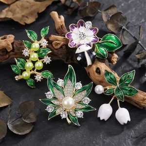 Waldgrüne Pflanzenbrosche Für Damen Legierung Strass Künstliche Perle Blatt Blume Anstecknadel Modeaccessoires Geschenk