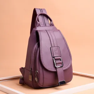 Stylish purple soft leather women's backpack with large capacity and metal buckle detail