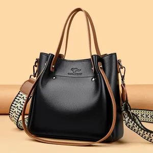 Bolso de mano de cuero negro para mujer con correa ancha estampada y asas superiores