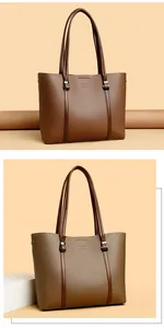 Vista detallada de dos bolsos tote grandes en colores marrón y taupe.