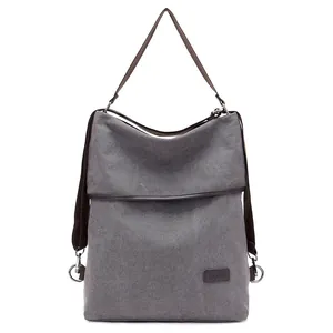 Versatile gray canvas 3-way bag for women, usable as backpack or crossbody shoulder bag