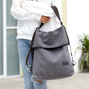 Casual gray canvas 3-way convertible backpack and shoulder bag for women traveling