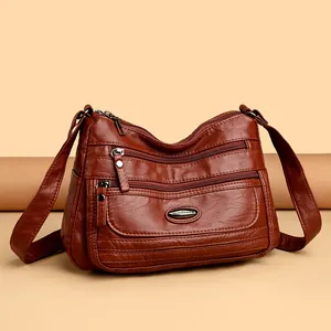 Women's Large Capacity Washed PU Leather Crossbody Bag Multi-Pocket Practical Shoulder Bag Fashion Casual Daily Messenger Bag