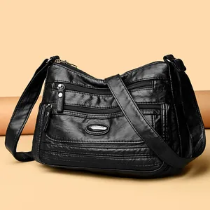 Elegant large capacity black washed leather crossbody bag with multiple zipper pockets