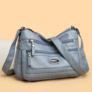Large capacity washed leather shoulder bag in blue-grey with multiple zippers for women