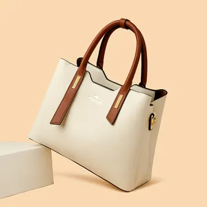 Elegante borsa a mano da donna in pelle PU bicolore con dettagli dorati e manici marroni