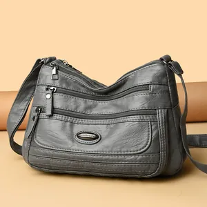 Practical washed leather large capacity crossbody bag for women with multi-zipper compartments