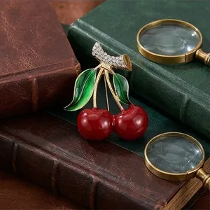 Elegant Alloy Drip Oil Enamel Cherry Brooch Rhinestone Fruit Design Fashion Corsage Pin Jewelry For Women Dress Accessory