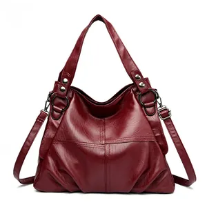 Bolso de mano grande de cuero PU color rojo vino con costuras y correa de hombro ajustable