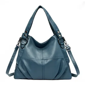 Bolso de mano moderno de cuero PU azul con diseño de patchwork y correa ajustable para mujer