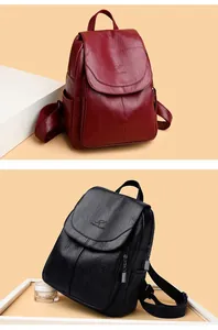 Vues détaillées de sacs à dos pour femmes en simili cuir souple de couleur noir et rouge vin