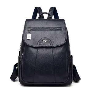 Navy blue faux sheepskin backpack for women with kangaroo logo and large capacity