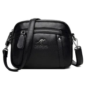 Minimalistische zwarte zachte lederen crossbody schoudertas met meerdere lagen dames en zilver