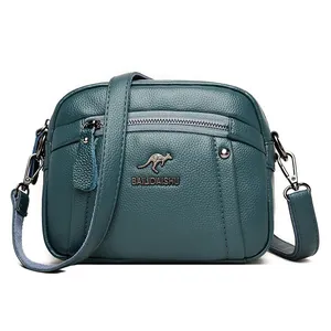 Dames groenblauwe zachtleren crossbodytas met kangoeroe-logo en meerlaagse ritsen