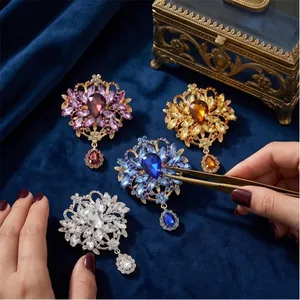 Elegant vintage alloy rhinestone brooches with large teardrop glass gems for women fashion