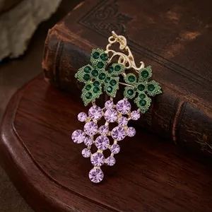 Elegant Korean style purple rhinestone grape brooch with green crystal leaves for women