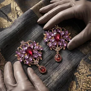 Exquisite vintage alloy brooch with large purple and red rhinestones for women