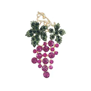 Elegant purple rhinestone grape brooch with green leaf accents for women's fashion