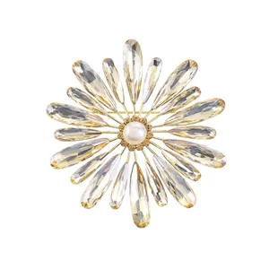 Elegant snowflake shape brooch with freshwater pearl and champagne K9 glass crystals