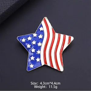 Close-up of American flag star brooch with vibrant red, white, and blue enamel detail.
