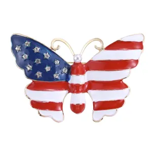 Patriotic American flag butterfly brooch pin with rhinestone stars and enamel detail