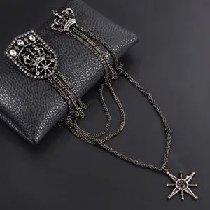 Broche de Cadena Larga Retro Hip-Hop de Aleación con Diamantes de Imitación Corona Estrella Pin para Hombres Traje Abrigo Accesorios