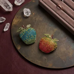 Luxury sparkling apple brooch pins with full crystal rhinestones on brass jewelry tray