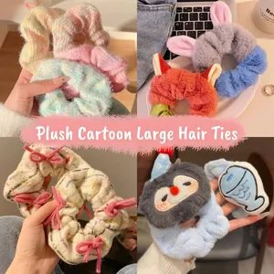 Large Plush Cartoon Scrunchies Korean Style Furry Hair Ties For Women Winter Warm Hair Accessories Handmade Bow Knot Rabbit Ears Hair Band