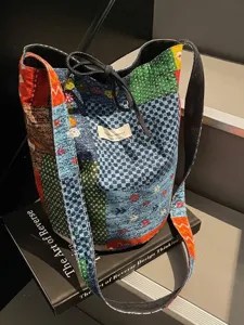 Γυναικεία Τσάντα Κουβάς από Καμβά Patchwork Μεγάλης Χωρητικότητας Με Κορδόνι Ώμου Boho Floral Καρό Τυπωμένη Τσάντα